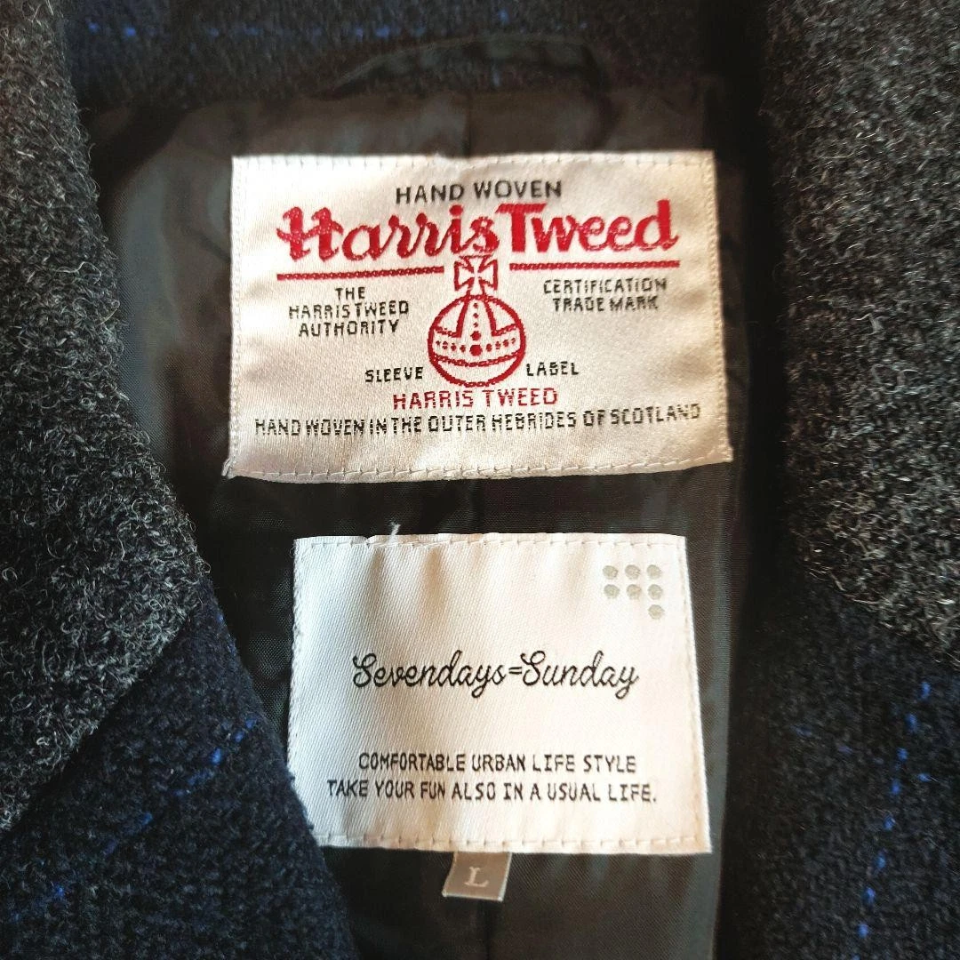 Harris Tweed Chesterfield Coat 100% Wool Navy Plaid Check Men's L Japan image 5
