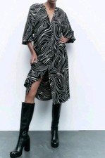 ZARA Womens Black Cream Abstract Print Maxi Dress Size S Long Sleeve Viscose