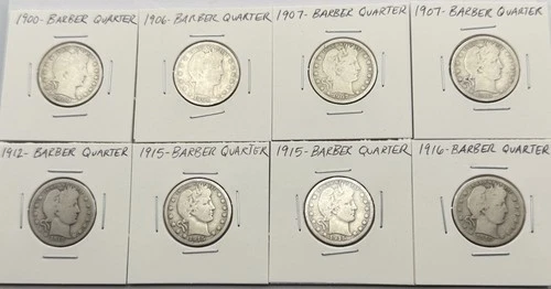 8-Barber Silver Quarters-Various Years-Circulated-8 Coin Lot-Free Shipping!