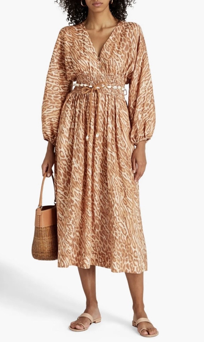 Zimmermann Tropicana Shirred Waist Leopard Midi Dress - size 2 | eBay