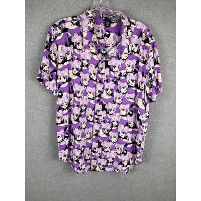 Hot Topic Anime Girl Shirt Men's Size M Purple All Over Print Button Up Rayon