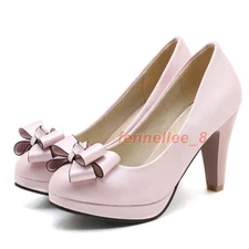 Women Platform Big Bow Slip on Pointed Toe Chunky High Heel Dress Pumps Shoes