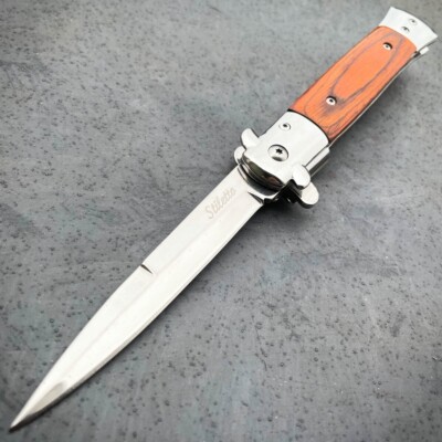 9'' Brown Italian Style Stiletto Folding Spring Assisted Open Pocket Knife