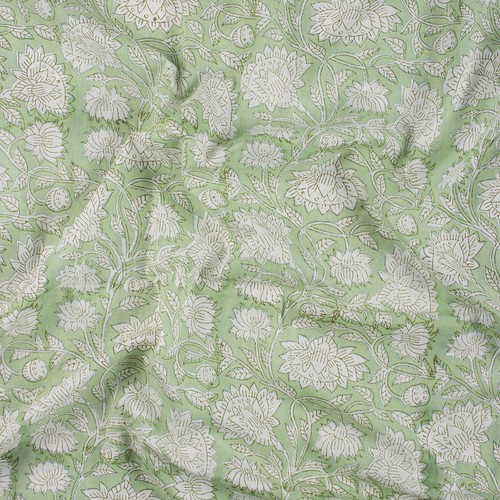 Green Color Floral Hand Block Print Fabric Indian Cotton Light Summer Dress - Picture 3 of 5
