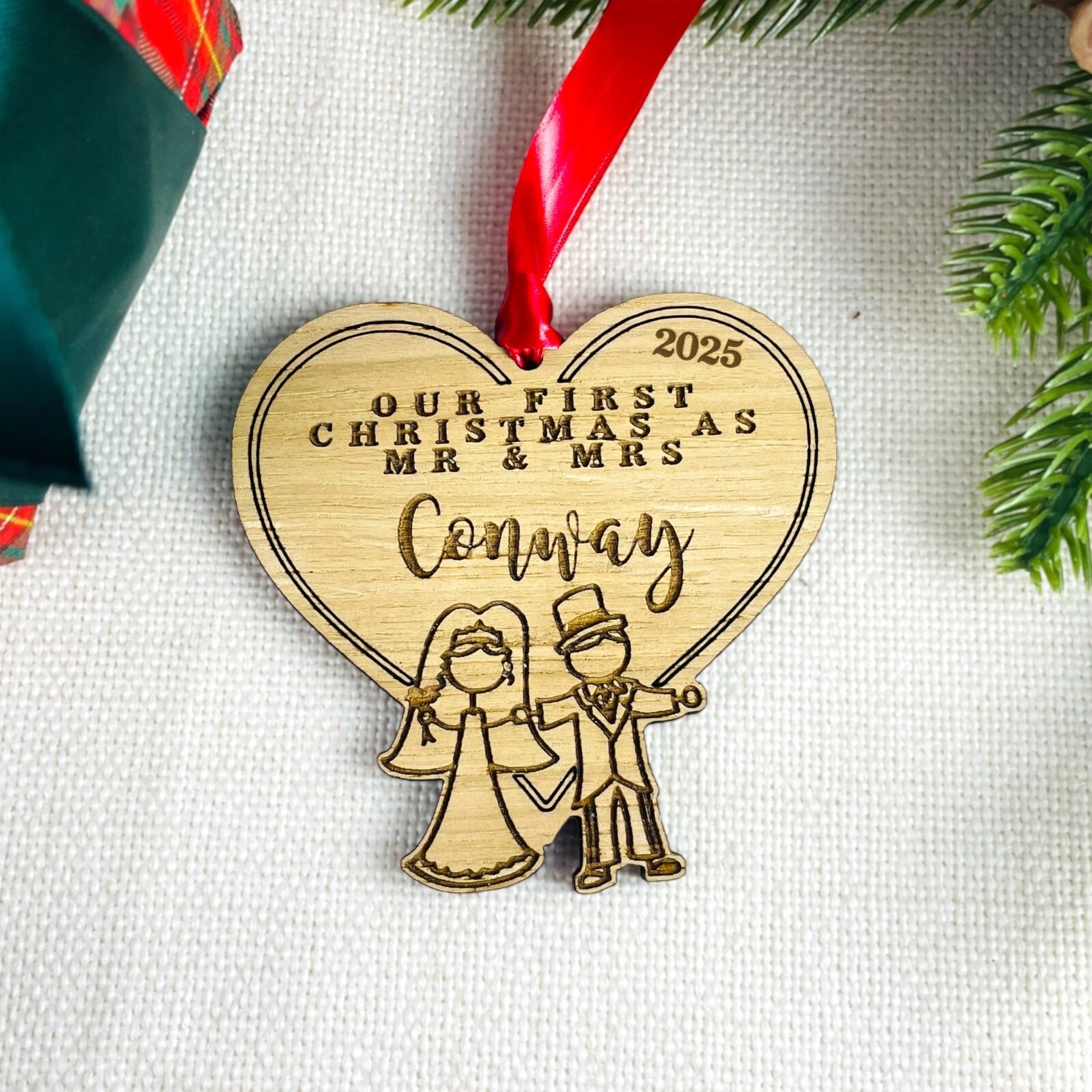 Personalised First Wooden Christmas Mr Mrs Bauble Tree Decoration Wedding Gift