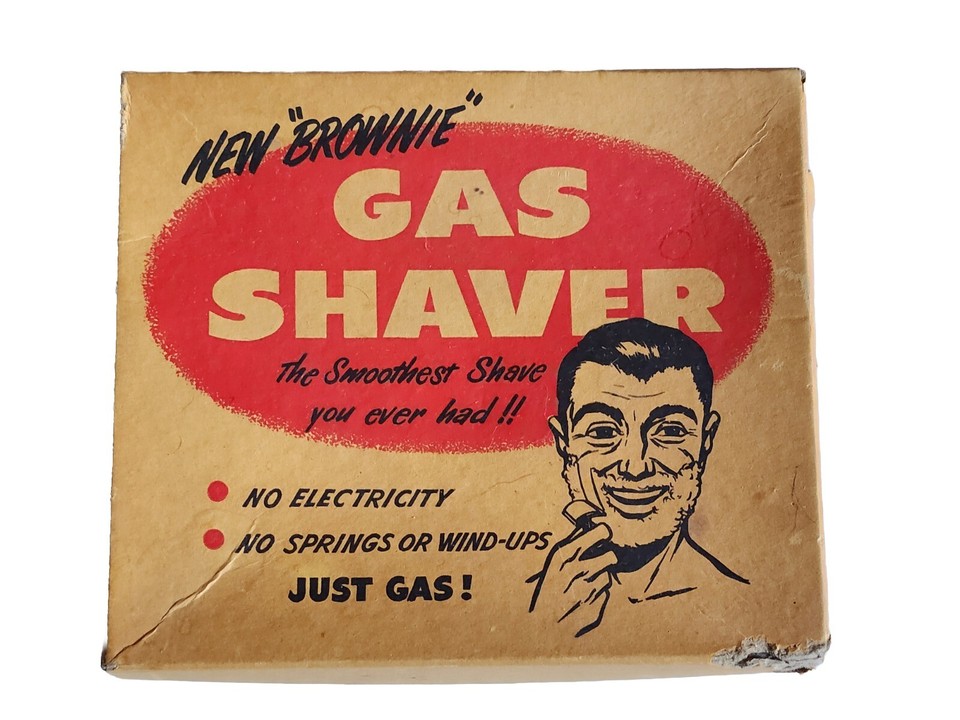 A genuine 1950s gag gift — a 'Brownie Gas Shaver' novelty joke box designed to make someone think they're getting a real appliance.