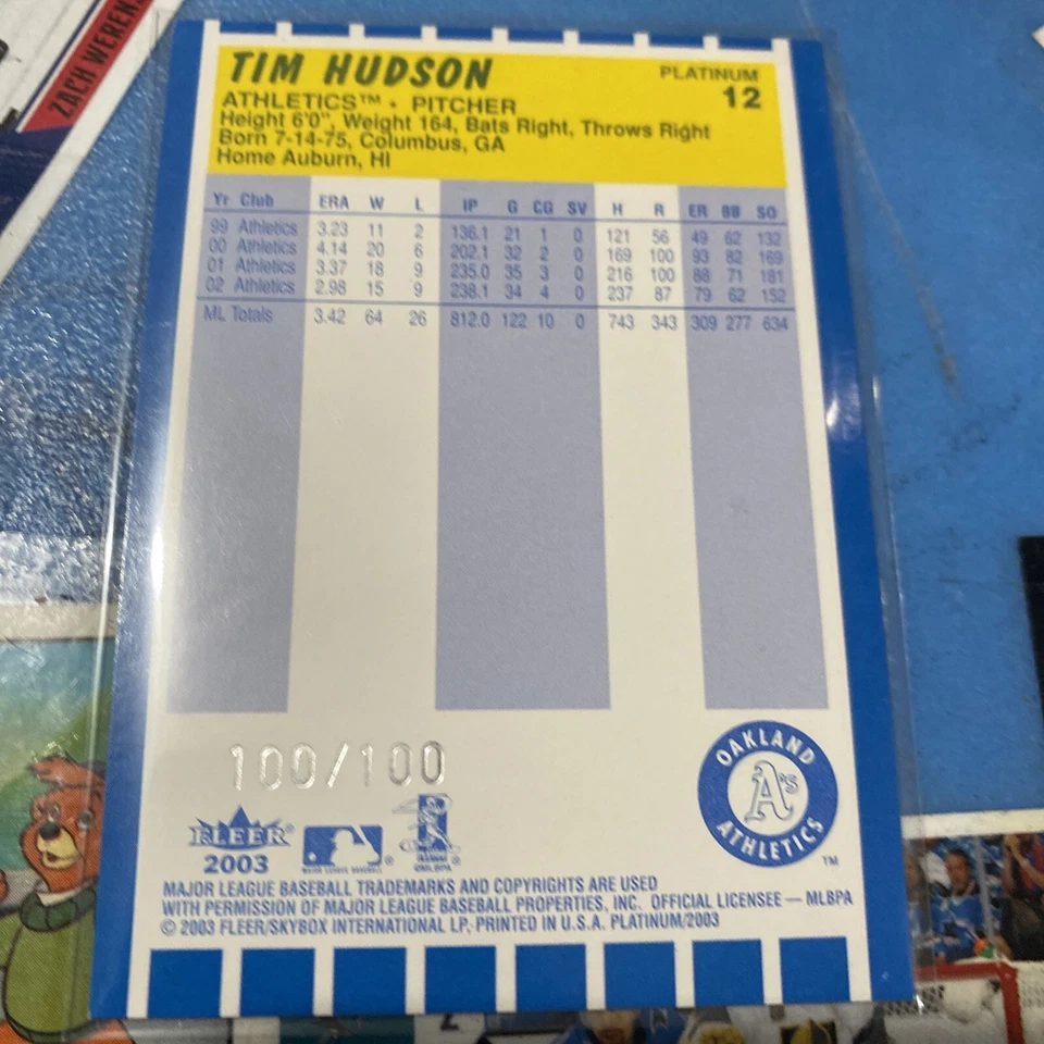 Tim Hudson 2003/100 Fleer acabado platino lámina azul A's 100/100 Foto 4 de 4
