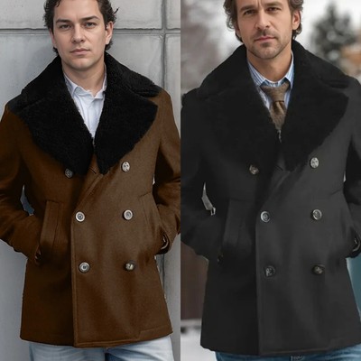 Fur Collar Men's Jacket Casual Business Winter Warm Blazer Double Breasted Coat