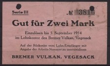 [18769] - NOTGELD VEGESACK, wulkan w Bremie, 2 marki, -05.09.1914, Dießner 412.6E (