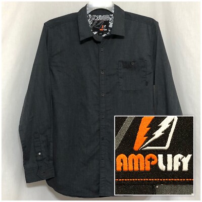 Size XL AMPLIFY Men s Long Sleeve, Button Down, Gray, Cotton Blend Shirt XLarge