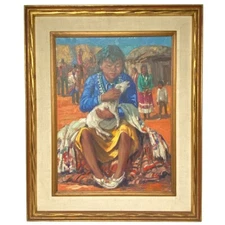 1970 Vintage MARCO ANTONIO GOMEZ Oil on Canvas Painting, New Life Girl Lamb