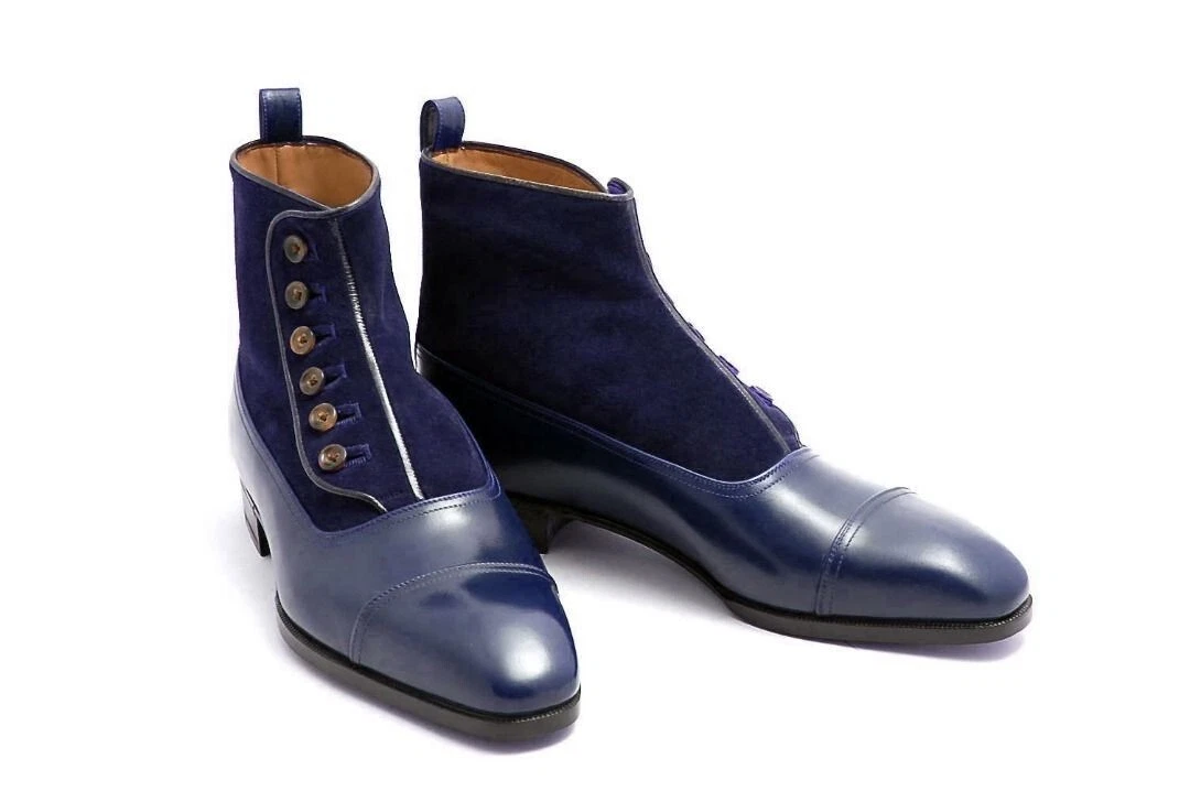 Handmade formal Men button boot, Men navy blue ankle Cap toe leather boot 7 - 17