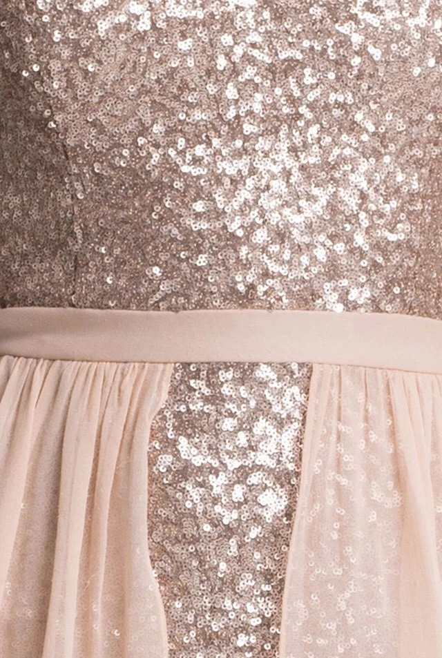 NUEVO CON ETIQUETAS AIDAN MATTOX Vestido HiLo Sin Tirantes Lentejuelas Chifón Superpuesto Talla 0 Champagne $290 Foto 3 de 4