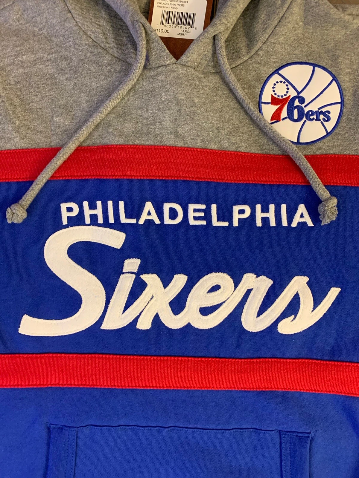 Felpa con cappuccio nuova con etichette Mitchell & Ness Philadelphia 76ers Head Coach Uomo taglia LARGE