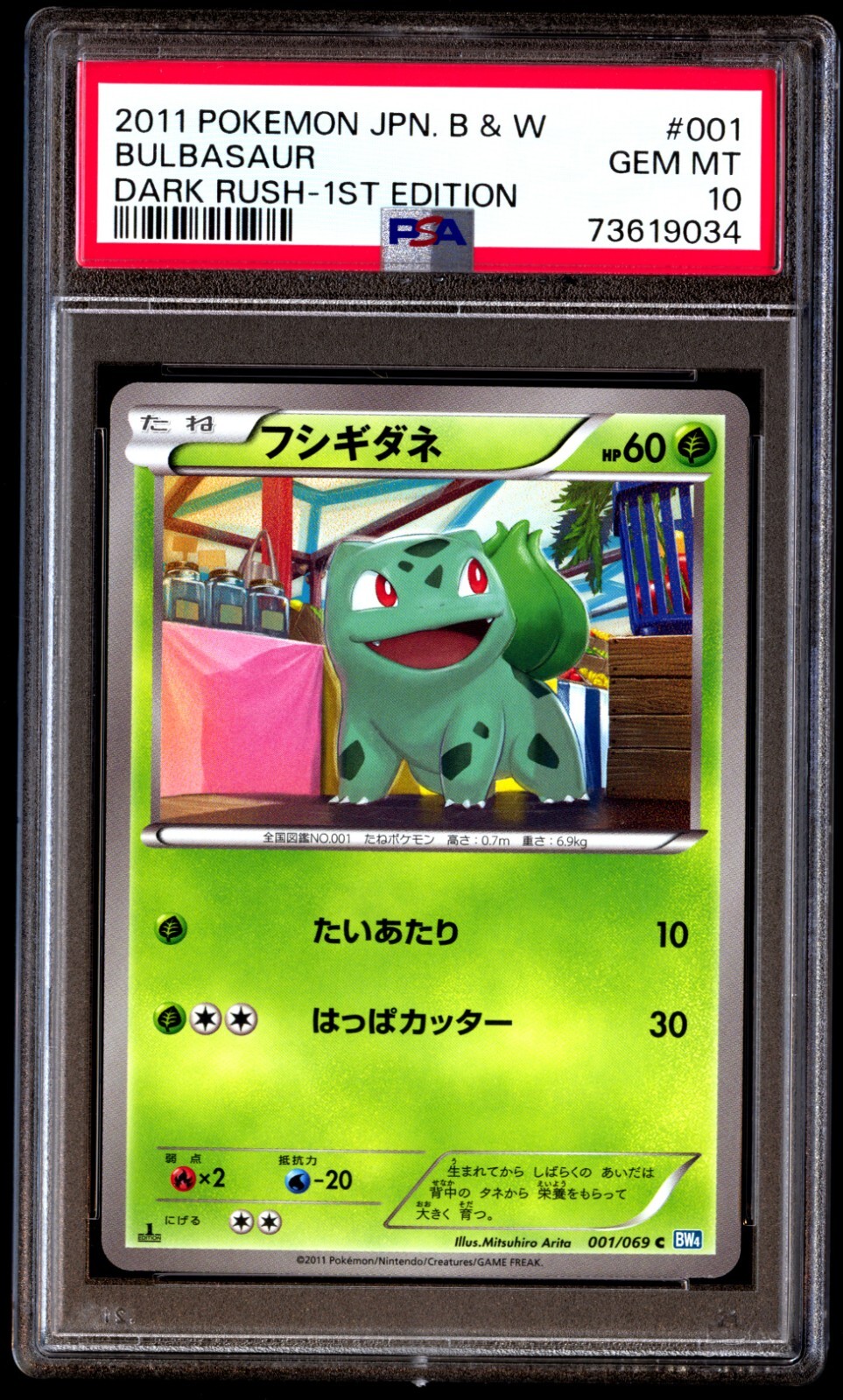 PSA 10 Gem Mint Bulbasaur 001/069 Dark Rush 1st ED 2011 Japanese Card Graded