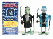 1963 Marx Mechanical Frankenstein + Vampire Monster Wind Up Toy with Repro Box