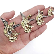 10K Gold Two-Tone White Saint Archangel Michael Pendant 0.9"-2.1"