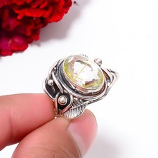 Golden Rutilated Quartz Handmade Oxidised 925 Sterling Silver Ring S.6 R97923