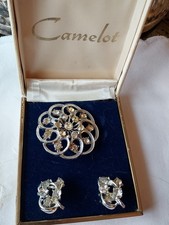 Vintage Camelot Brooch and Clip on Earrings. Silver Tone in Original Box