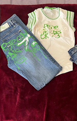 Pepe Jeans Unisex Baby Denim Jeans Pants Lot w/ White Green Solid Top