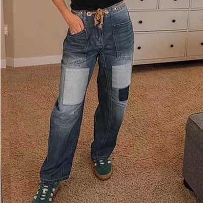 Womens Baggy Barrel Horseshoe Jeans Wide Leg Patchwork High Rise Denim Pants