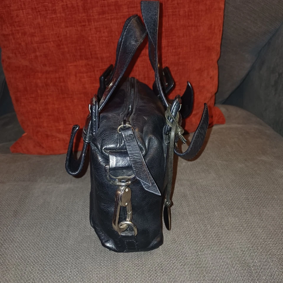 VINTAGE TULA BLACK LEATHER MINI BOWLING TOTE BAG WITH BAGTAG  9"x6"x2.5" VGC - Image 4 of 4