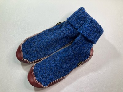 Acorn Rag Wool Blue Slipper Socks Men s Small  MS 7 1/2-8 1/2 Leather Soles VGUC
