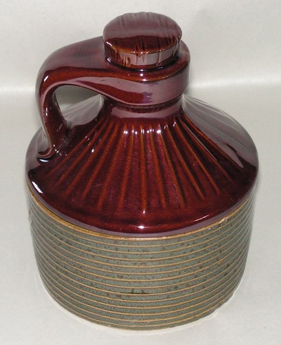 Whiskey Jug Shaped Stoneware Pottery Cannister - Brown / Green - Two Piece - Picture 3 of 8