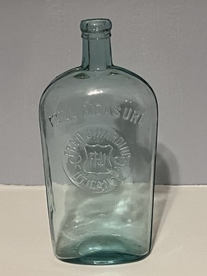 Aqua Fred J Harding Utica NY Strap Side Slug Plate Whiskey Flask Antique Bottle