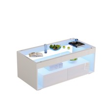 White Coffee Table with LED Lights, 2 Storage Drawers & Glass Top, Centre Table