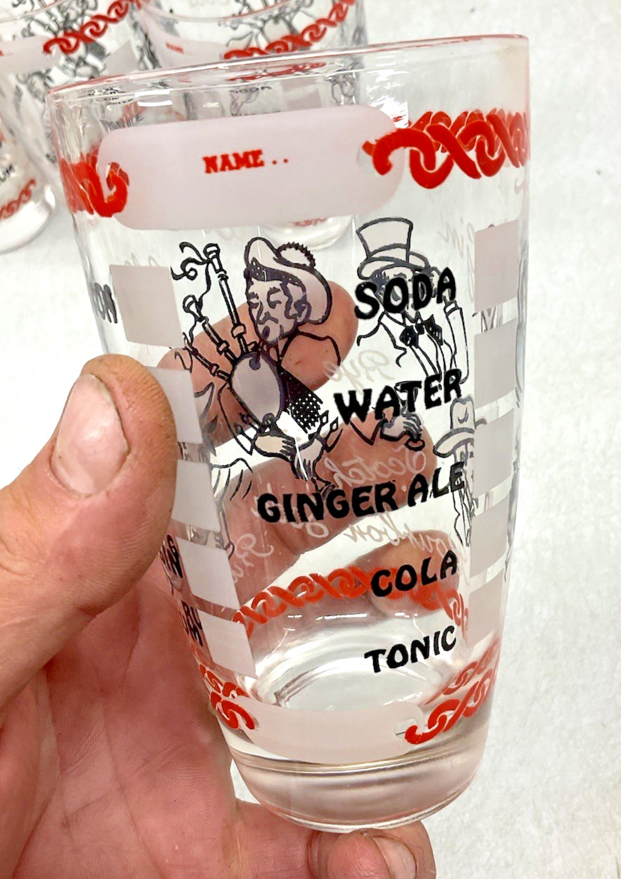 6 Vintage Cocktail Bar Back Drink Liquor Illustrated Novelty Glasses Drinking