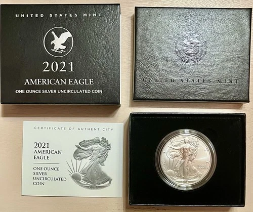 American Eagle 2021 One Ounce Silver Uncirculated Coin.  OGP And COA.