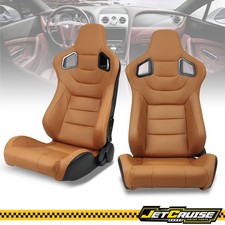 Universal Pair Reclinable Racing Seats Dual Sliders Brown Pu Carbon Leather