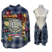 Upcycled Flannel Shirt Womens 1X Christian Religious Shacket Art Blue Cottage