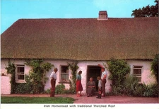 Irish Homestead with Traditional Thatched Roof and People Postcard
