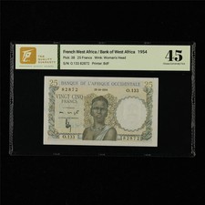 1954 French West Africa Bank of West Africa 25 Francs Pick#38