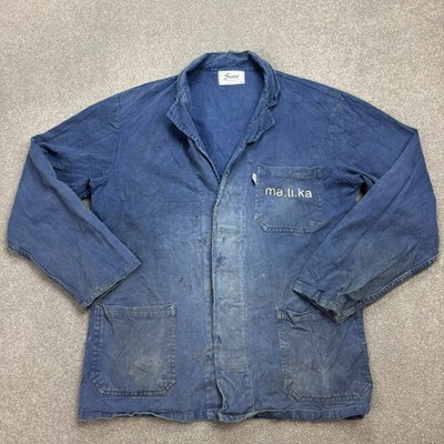 VINTAGE französische Jacke Erwachsene mittelblau verblasstes Canvas Arbeitskleidung repariert Männer