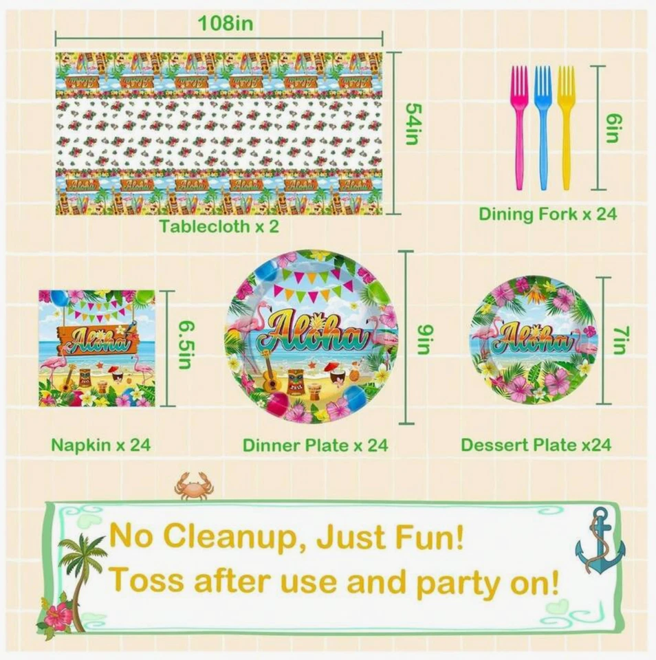 98件装夏威夷Luau派对餐具套装带盘子、叉子、餐巾纸和装饰 — 第 2/4 张图片
