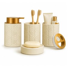 Ceramic Bathroom Accessory Set 4 Pcs with Lotion/Soap Dispenser, Creamy