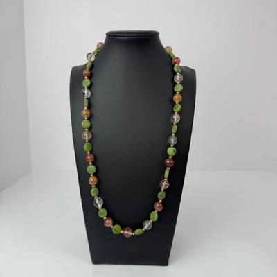 Vintage Multi Gemstone Bead 24'' Necklace Serpentine Carnelian Quartz Aventurine
