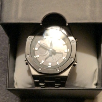 ACTIVA Dual Time Quartz Men's Analog Digital Watch Silver Metal Black Dial Box