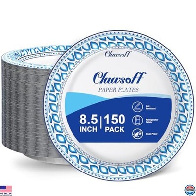 150 Count Heavy Duty 8.5'' Disposable Paper Plates, Soak Proof for Parties &