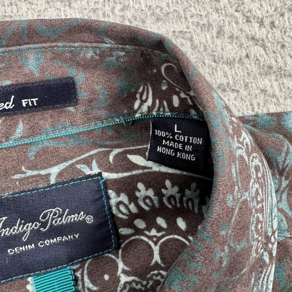 Indigo Palms Shirt Mens Large Brown Blue Tailored Fit Floral Button Up Casual - Image 3 of 4