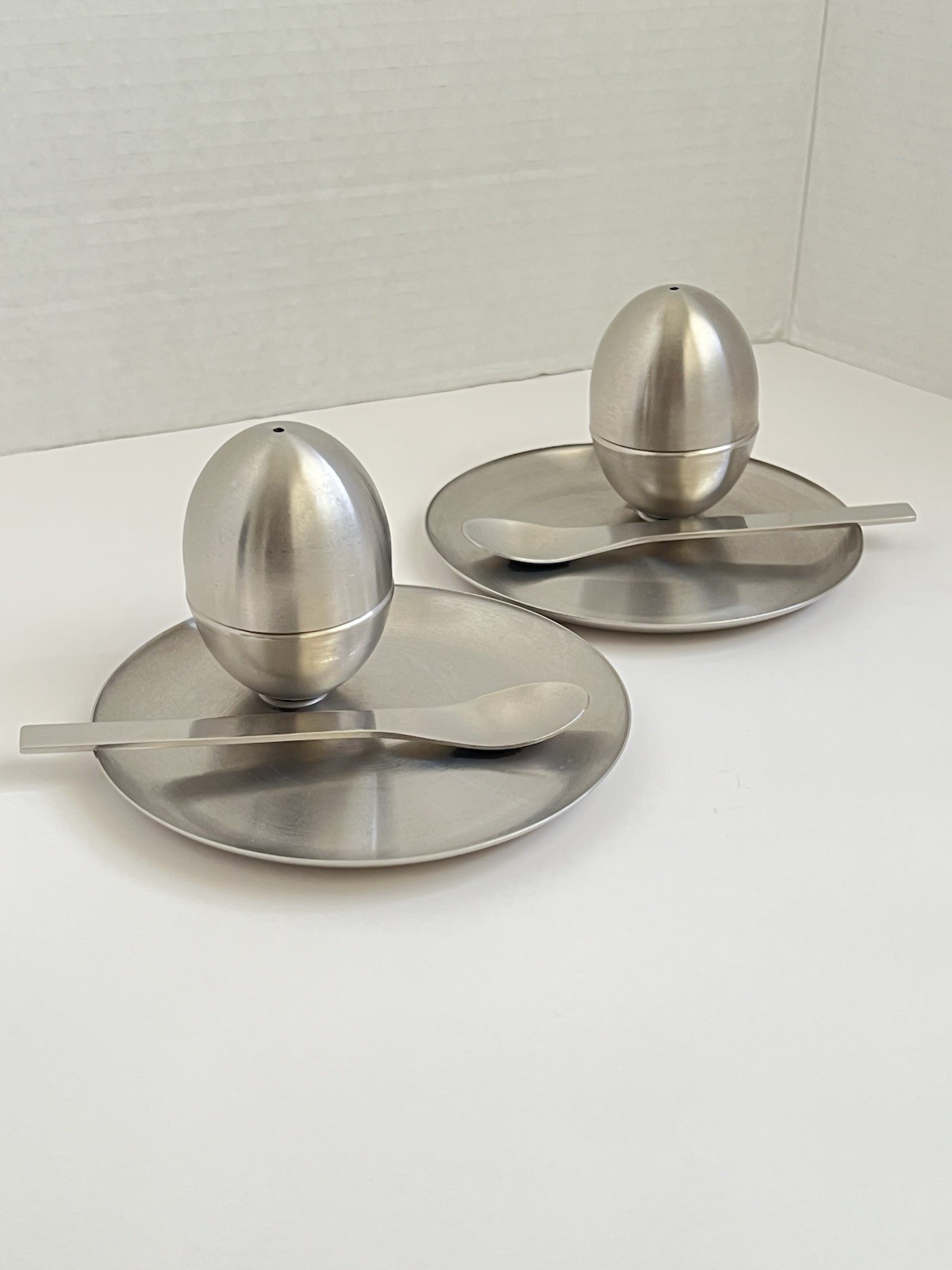 2 Modernist Mcm Stainless Steel Egg Cups W/ Built In Salt And Pepper And Spoons