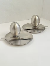 2 Modernist Mcm Stainless Steel Egg Cups W/ Built In Salt And Pepper And Spoons