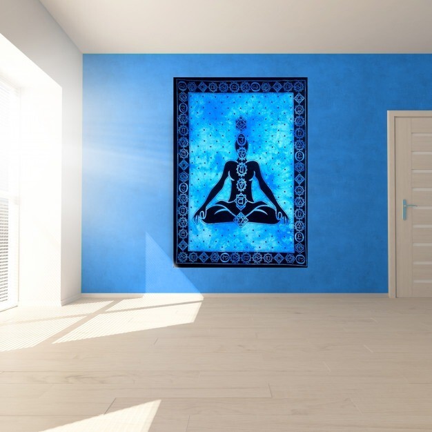 Blue 7 Chakra Yoga Wall Hanging Tapestry Cotton Meditation Studio Room