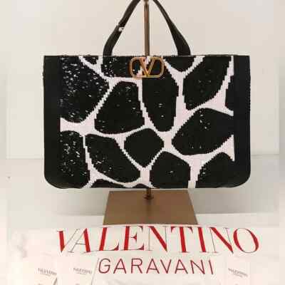 Valentino Garavani Black & White Printed Sequins and Leather VLogo Tote Bag