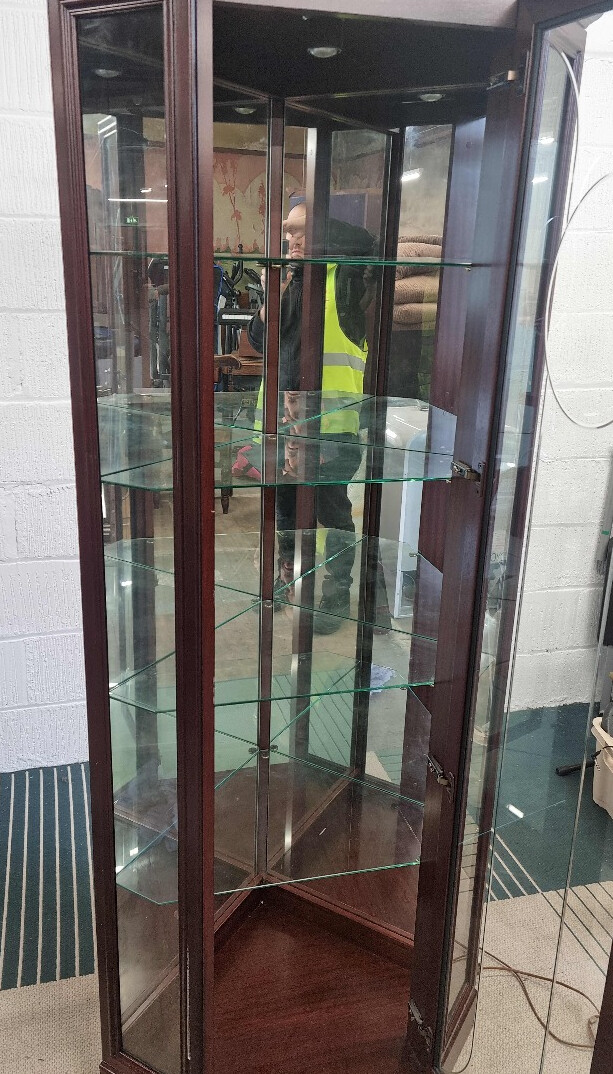 GPlan Mahogany Corner Display with Glass Shelves and Mirrors