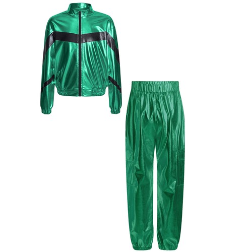 Girl's Hip Hop Dance Outfits Shiny Metallic Sparkly Jacket and Jogger Pants Set - Picture 10 of 36