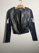 Play Boy Leather Knit Sleeve Zip Jacket Moto Black Pink Vtg Women’s Sz Xs Y2k